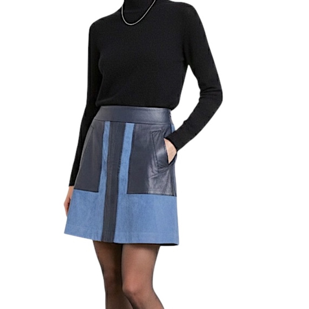 Lindex Sweden goat suede lambskin leather blue colour block a line mini skirt S